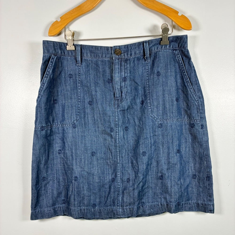 Talbots Denim Skirt 8P Floral Embroidered A-Line Cotton Lyocell Coastal Cottage